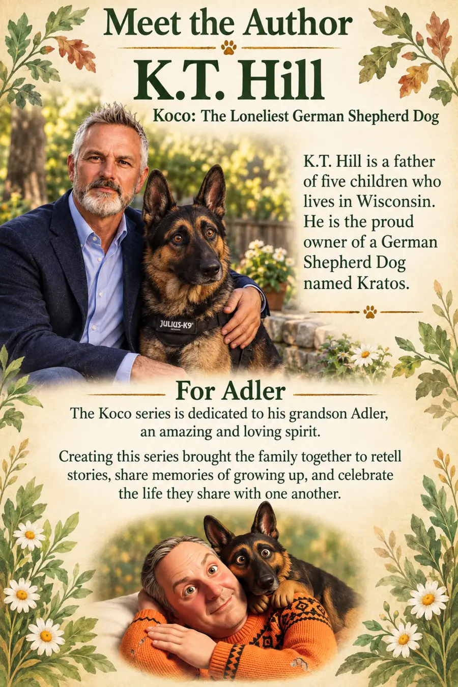 Author K.T. Hill with his German Shepherd Dog, Kratos